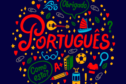 Imagem: fundo azul com palavras em portugues e símbolos coloridos