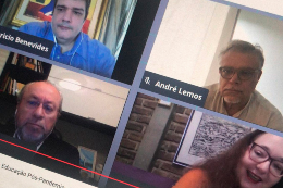 Imagem: Foto da tela de um computador contendo rosto de quatro participantes de uma palestra on-line, sendo que um deles é o reitor Cândido Albuquerque (Reprodução)