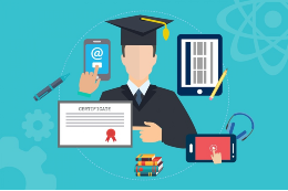 Imagem: Banner com ícones que representam um estudante com roupa de colação de grau, um diploma e aparelhos de mídias digitais (Imagem: Pixabay)