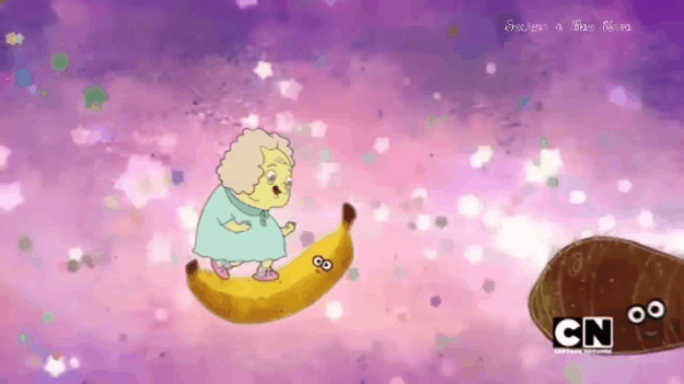 Animação mostra a personagem Vovó Juju, do desenho animado Irmão do Jorel, pulando sobre vários legumes