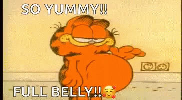 Animação do personagem Garfield batendo na barriga cheia