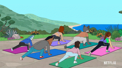 Animação mostra os personagens do desenho animado Bojack Horseman em aula de yoga