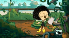 Animação mostra o personagem Irmão do Jorel alegre regando um jardim