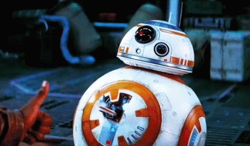 Animação mostra a personagem BB-8, da saga Star Wars, fazendo sinal de positivo
