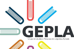 Imagem: Logo do GEPLA, com siga em destaque e ilustrações de livros a redor