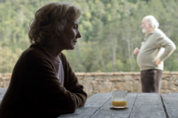Imagem: Cena do filme Petra: uma mulher de cabelos brancos sentada a uma mesa com copo de suco amarelo e um homem, à frente, em pé