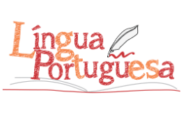 Imagem: Letras coloridas que formam as palavras "Língua Portuguesa" sobre o denho de um livro e, em cima da palavra "portuguesa", aparece desenho de uma pena 