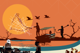 Imagem: Cartaz do curso com ilustração de paisagem do campo - sol, pássaros voando, homem com enxada, homem lançando rede de pesca num rio etc