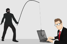 Imagem: Ilustração de homem vestido de preto com uma vara de pescar na mão em direção a um notebook que outro homem, de terno e gravata, usa. Como se etsivesse "pescando" informações