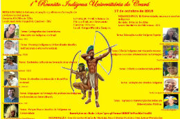 Imagem: Cartaz amarelo com programação do evento em vermelho. Ao centro, dois indígenas com arco e flecha