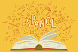 Imagem: Ilustração de um livro aberto de onde "saem" vários palavras em espanhol e alguns desenhos 