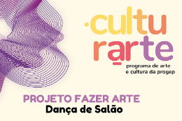 Imagem: Arte de divulgação do programa Culturarte, com nome do projeto Fazer Arte e, ao lado, ilustração de tramas na cor roxa
