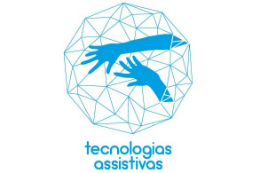 Logomarca do Grupo de Tecnologias Assistivas da UFC, que contém um poliedro multifacetado com duas mãos azuis