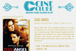 Cartaz do evento em cinza, escreto Cine Clube em azul. Abaixo, foto do cartaz do filme Zuzu Angel e, ao lado, sinopse do filme em amarelo