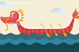 Desenho de um barco em forma de dragão vermelho sobre o mar