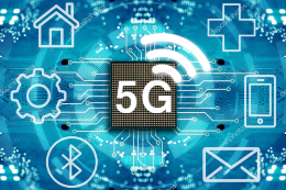 Imagem: Cartaz de fundo azul com desenhos de imagens representativas da internet. Ao centro, o símbolo 5G no fundo preto