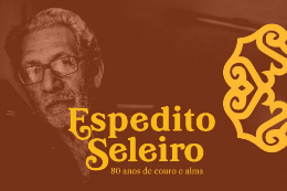 Imagem: foto de um homem de óculos no fundo marrom e, em letras douradas, o nome Espedito Seleiro