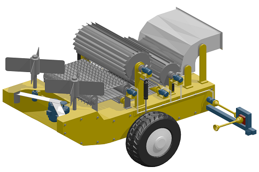 Imagem: Protótipo virtual da colhedora de forragem mutifuncional para multiculturas, que contém rodas nas laterais e peças de corte e escapamento na parte de cima, entre outros componentes (Imagem: Divulgação)