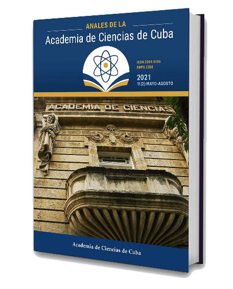 Capa da revista científica Anales de la Academia de Ciencias de Cuba, um livro azul com a fachada de um prédio antigo 