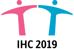 Imagem: logomarca do IHC com dois bonecos desenhados, sendo um rosa e outro azul