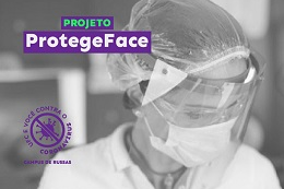 Imagem: banner de divulgação do projeto Protegeface, com rosto de profissional de saúde usando protetor facil (Imagem: Divulgação)