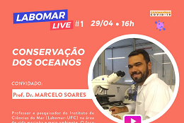 Imagem: arte com fundo rosa informando que será a primeira live do Labomar. Do lado direito, foto do Professor Marcelo Soares