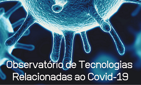 Imagem: fundo azul e preto com desenhos que representam o coronavírus. No plano principal, o nome Observatório de Tecnologias Relacionadas à COVID-19 na cor branca