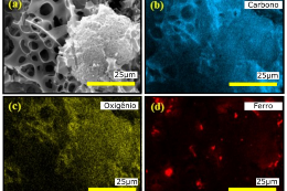 Fotos de microscopia eletrônica demonstrando a escala molecular de compostos com carbono, oxigênio e ferro 
