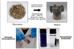 Diagrama que apresenta as etapas da pesquisa, com a transformação da biomassa em cápsulas para a remediação ambiental de efluentes líquidos e águas contaminadas