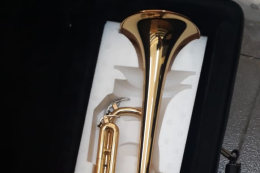 Foto de um trompete dentro do seu case 