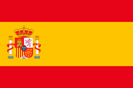 Foto da bandeira da Espanha com uma listra amarela entre duas listras horizontais vermelhas com o escudo do país