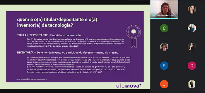 Imagem: Print de tela da palestra "Inovação e Transferência de Tecnologia: Como a Propriedade Intelectual pode ser ferramenta estratégica na conexão Universidade-Empresa 