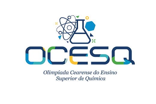 Imagem: logo da Olimpíada. As letras OCESQ nas coras azul e amarela e, acima, um frasco de laboratório e um átomo em movimento