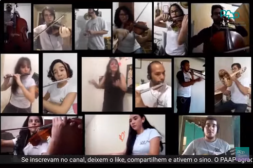 Imagem da tela de computador com vídeos dos integrantes da Orquestra Sinfônica da UFC tocand