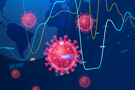 Imagem: Ilustração do coronavírus próximo a linhas de gráfico