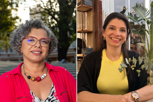 Imagem: Foto da vice-reitora Diana Azevedo (cabelos curtos grisalhos, óculos e blusa vermelha) e da Profª Rossana Andrade (cabelos castanhos na altura do ombro, blusa amarela e casaco preto). Ambas sorriem. (Fotos: Viktor Braga/UFC Informa e Divulgação)