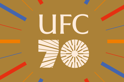 Imagem: Marca UFC 70 anos sobre fundo marrom. Do nome UFC partem raios coloridos. (Foto: UFC Informa)