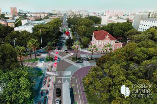 Imagem: Maquete digital do projeto mostra a primeira etapa do Corredor, entre as avenidas da Universidade e 13 de maio. Vê-se o cruzamento, árvores e a Casa de Cultura Alemã.