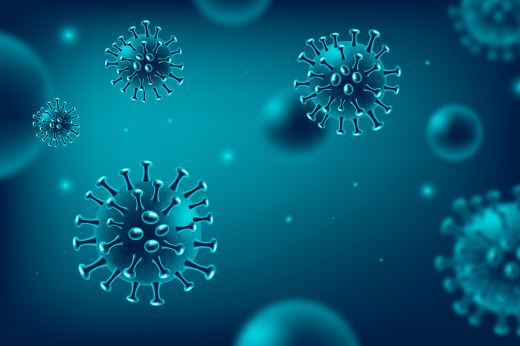 Imagem mostra desenhos gráficos de um vírus que representa o causador da covid-19. As imagens estão em cor azulada, com fundo em diferentes tons de azul