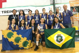 Imagem: Equipe de basquete feminino segurando as bandeiras da UFC e do Ceará (Foto: Desposto Universitário/UFC)