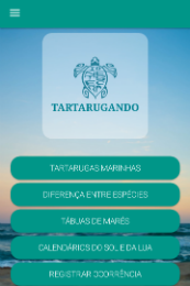 Imagem: Reprodução da tela inicial do aplicativo, contendo o desenho de uma tartatura e alguns botões com opções do menu (Imagem: Reprodução/Tartarugando)