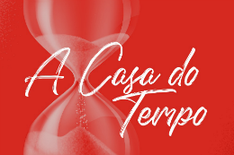 Capa do EP A Casa do Tempo, de Henrique Beltrão - uma ampulheta em marca d'água ao fundo de um quadro vermelho