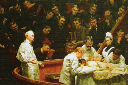 Imagem: Reprodução da tela "A Clínica Agnew", de Tomas Eakins, que mostra o trabalho do cirurgião que ganhou prestígio por suas operações de feridos por arma de fogo (Foto: Divulgação)