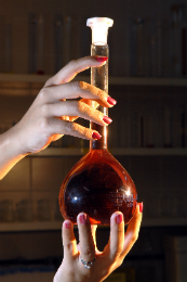 Imagem: Mão segura balão de fundo redondo em laboratório