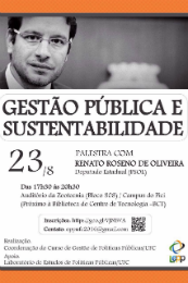 Imagem: Cartaz da palestra com o tema "Gestão Pública e Sustentabilidade"