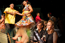 Imagem: Montagem de fotos de apresentações de servidores dançando, tocando flauta, tocando violão