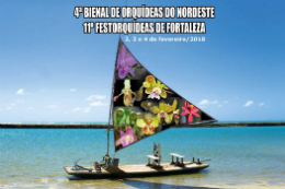 Imagem: Cartaz do evento mostra uma jangada oarada na beira do mar com a vela de pano com fundo de orquídeas