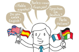 Imagem: Ilustração de homem segurando bandeirinhas de vários países e balões de diálogo com frases em diversas línguas