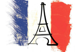 Imagem: Ilustração com bandeira da França e desenho da Torre Eiffel à frente
