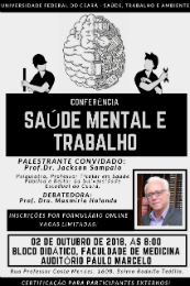 Imagem: Cartaz de divulgação no evento, no qual há o desenho de duas pessoas trabalhando, com um cérebro formado por máquinas entre eles (Imagem: Divulgação)